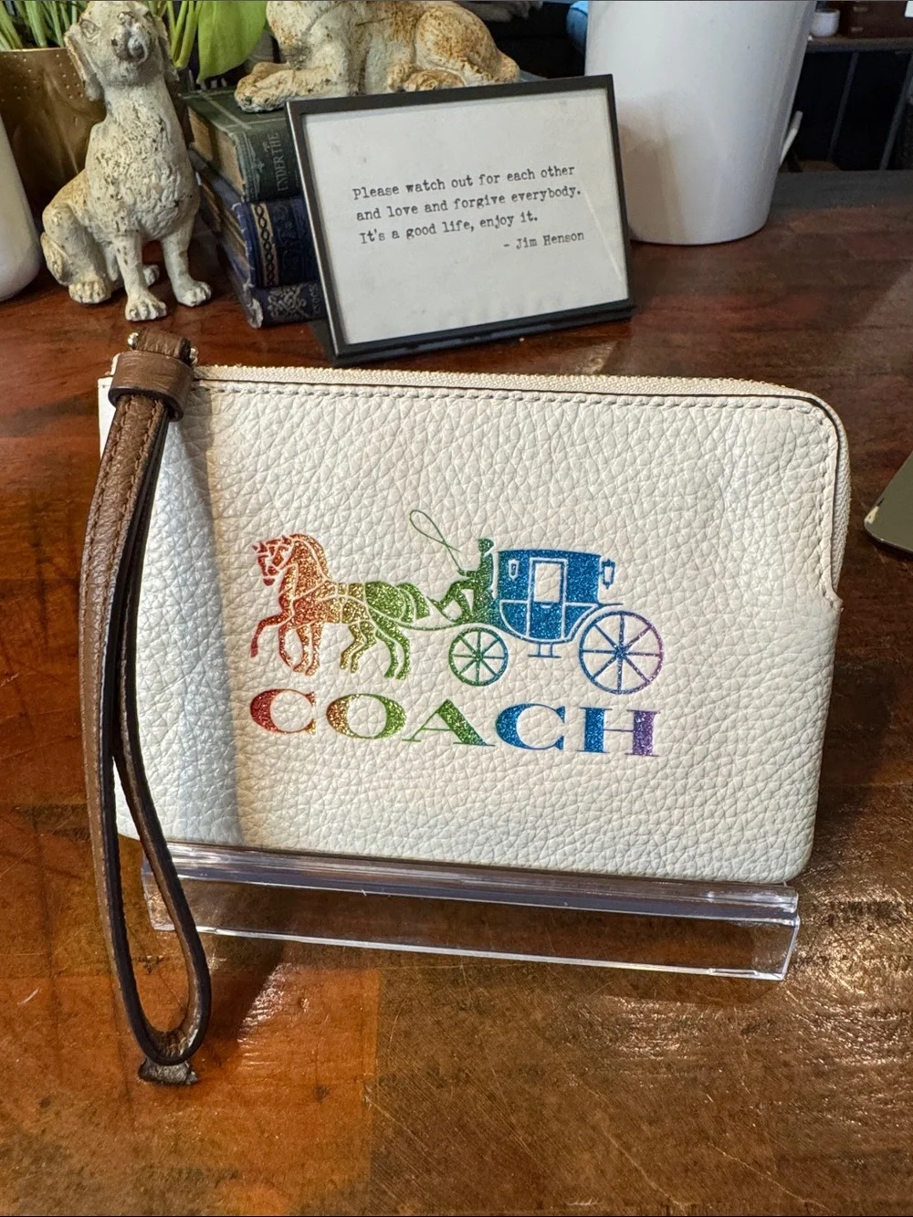 Coach White Pebbled Leather Wristlet with Rainbow Coach Logo